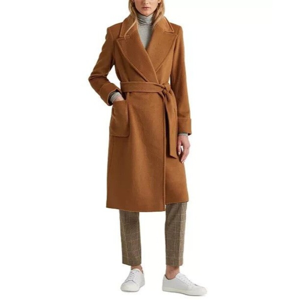 LAUREN Ralph Lauren Black Label Beige Cashmere Wool Long Wrap Coat Plus Sz 12